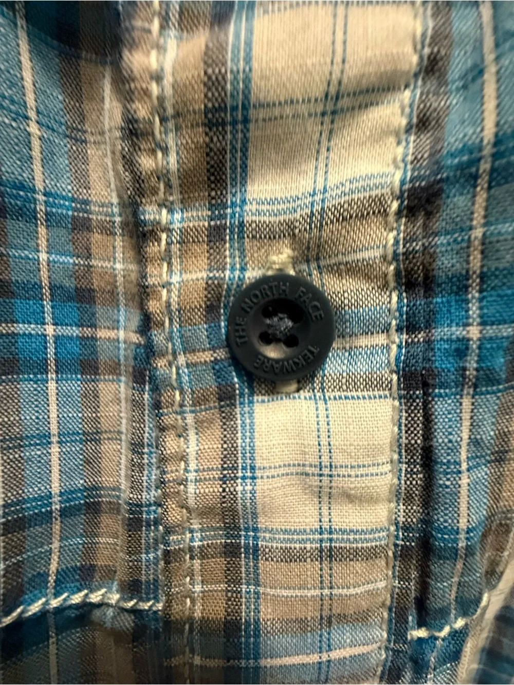 The North Face Men's Blue and White Plaid Short-Sleeve Button-Down Shirt